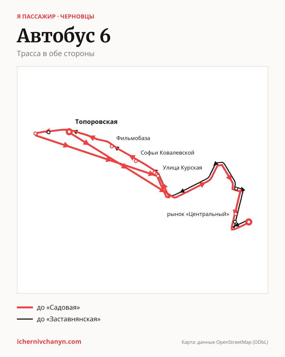 Автобус 6 в Черновцах на карте: трасса в обе стороны